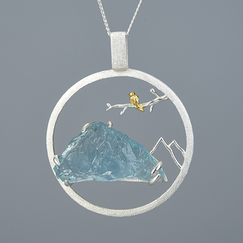 Pendentif montagne Aigue Marine oiseau argent